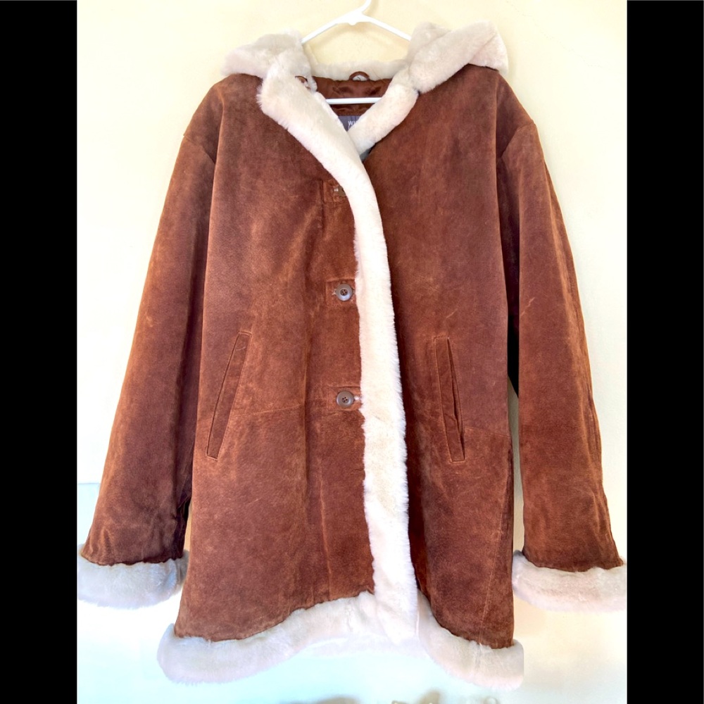 Wilson’s Leather Brown Tan Hooded Shearling Trim leather suede jacket coat